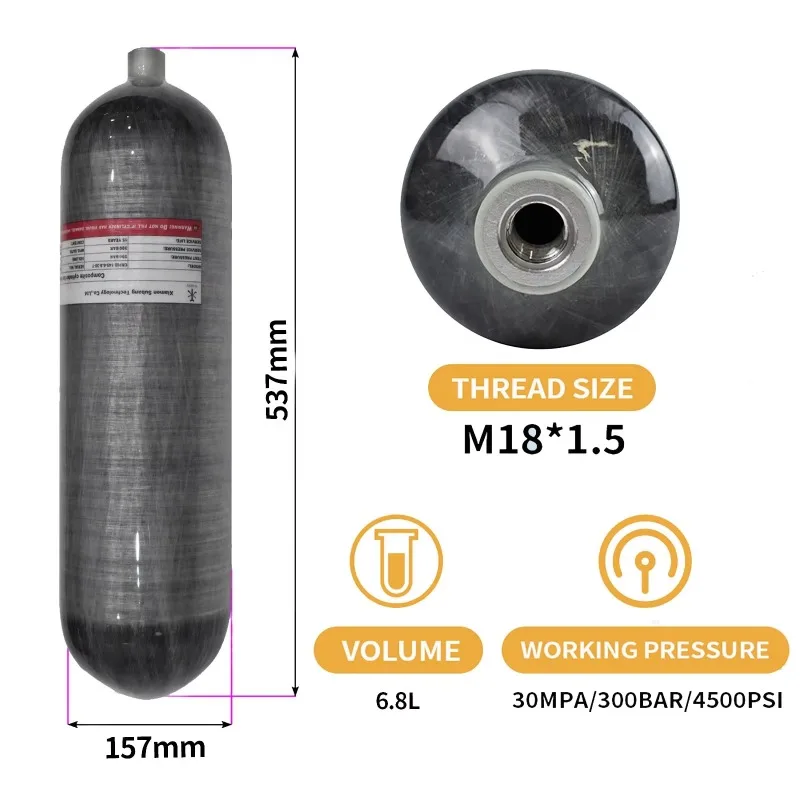 Hot Sale 6.8L High Pressure 4500psi 300bar 30mpa Fully Wrapped Composite Carbon Fiber Gas Cylinder Scuba Tanks For Diving