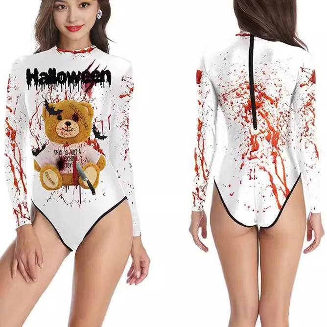 

Halloween Costume Sexy Nurse Print Swimsuit Long Sleeve One Piece Swimwear Tight Dance Party Blood Suit Summer Party Beachwear
