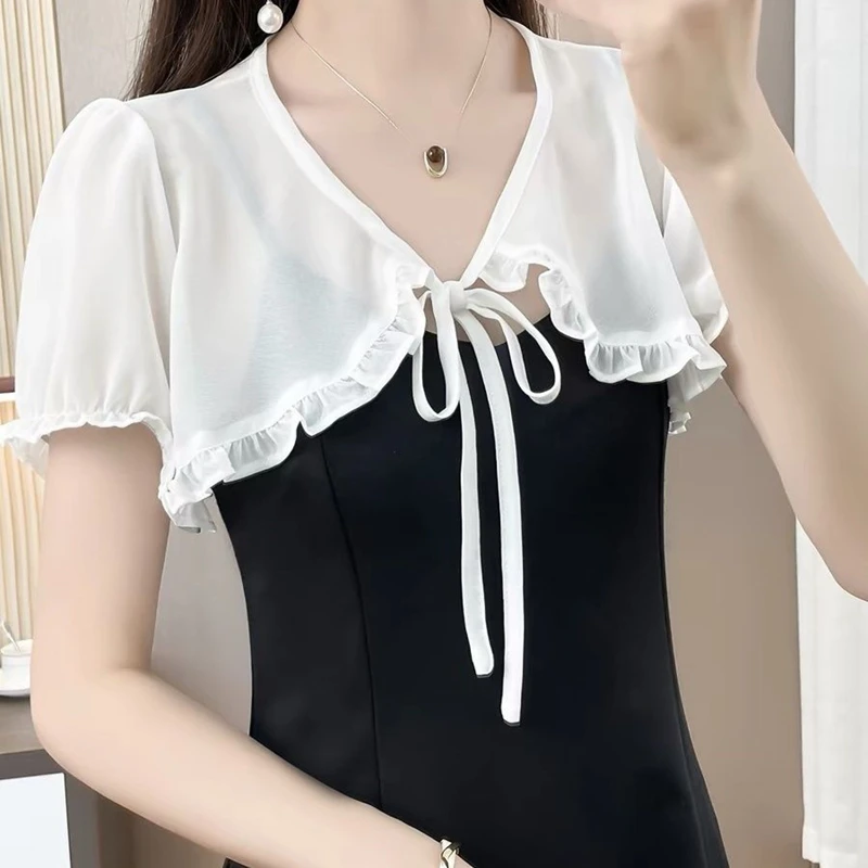Women Short Sleeves Shawl Tie Sheer Shrug Shirt Slim Fit Top Summer Thin Jacket Dress Shawl Capelet
