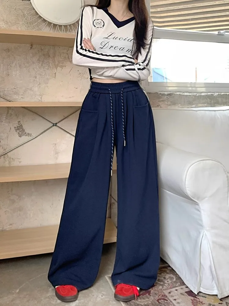 Women's High Rise Drawstring Casual Pants Spring Summer Flattering Wide Leg Floor Sweating Trousers 2026 Trend