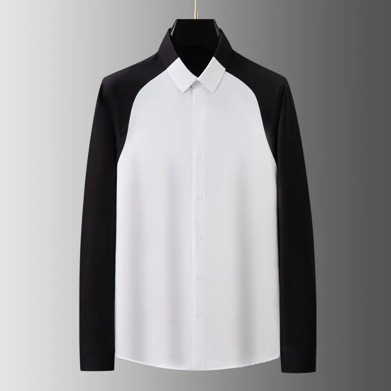 

Black and white splicing men's long sleeved shirt, handsome and versatile, fashionable and slim fitting shirt