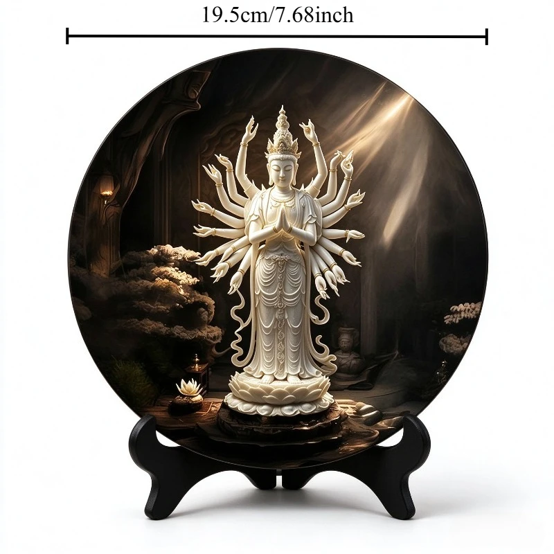 Round Decorative Plate with Black Tripod Stand, Thousand-Hand Guanyin Pattern Tabletop Ornament, Home Desktop Art Decor