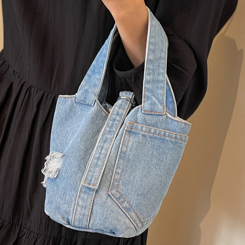 2024 Female Niche Denim Shoulder Bag Light Blue Ladys Small Shopper Original Handbag Vintage Ripped Jeans Women's Crossbody Bags