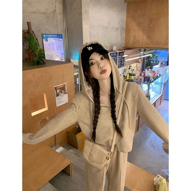 Two Piece Hooded Zipper Sweatshirt Wide Leg Pants Women Spring Autumn New Loose Casual Sports Suit