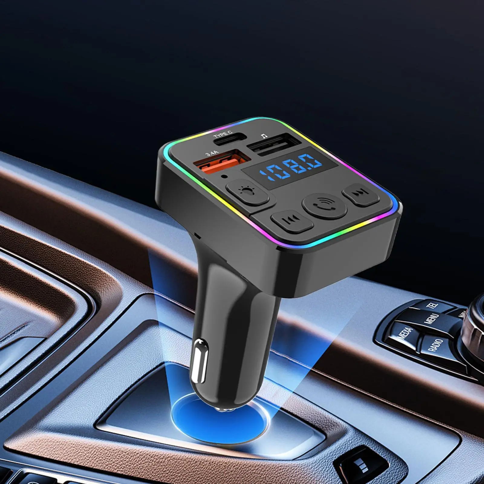 C14 سيارة FM الارسال شحن سريع Bluetooth5.3 مشغل مزدوج الموسيقى نوع-C الملونة المحيطة MP3 ضوء ولاعة السجائر USB