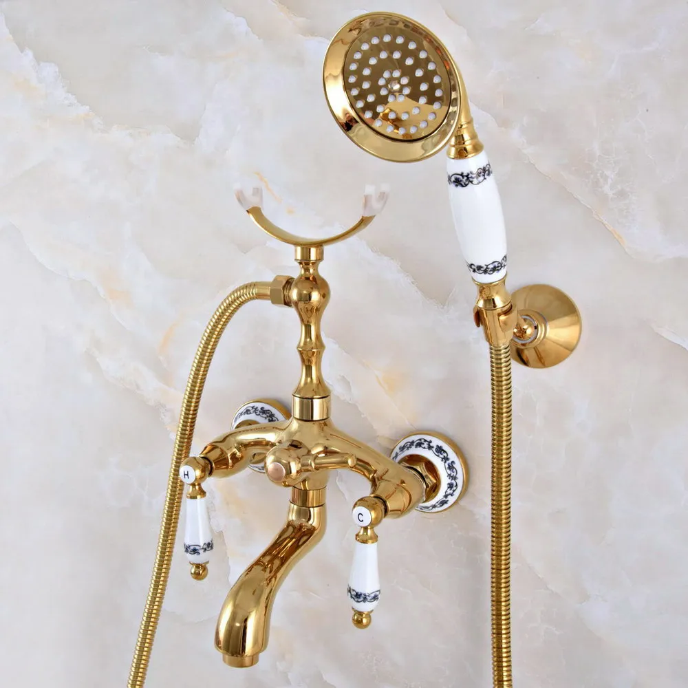 Luxury Gold Color Brass Wall Mounted Bathroom Bath Tub Faucet Set with 1500MM Hand Held Shower Spray Mixer Tap 2na960