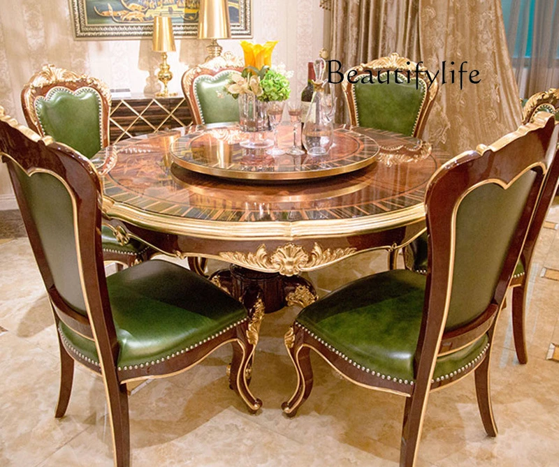 

Light luxury European long dining table, all solid wood neoclassical European hollow carving art creative fashion