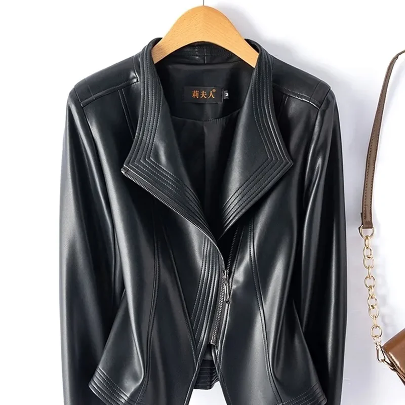 Fashion Motorcycle Leather Jacket Women Spring And Autumn Rivet Coat Short Slim Coats Large Size 4XL