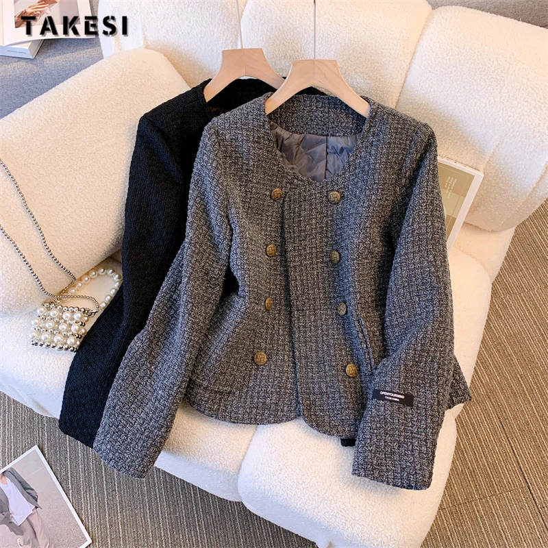 2023 Autumn Winter Casual Style Double Breasted Vintage Jackets Women Fashion Outerwear Loose Solid Office Lady Baggy Coats