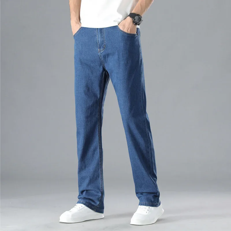 Calça jeans reta solta masculina, fina de cintura alta, tamanho grande, primavera, verão, 52, 50, 56