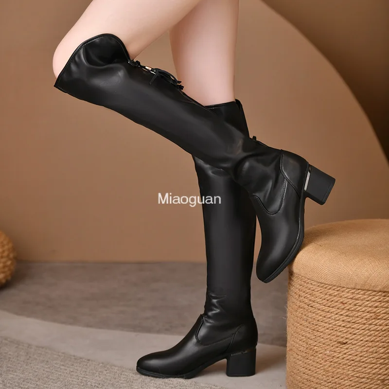 Autumn Winter Warm Over The Knee Boots Women\'s Fashion Side Slip on Elegant High Heeled Ladies Soft PU Leather Long Botas Mujer