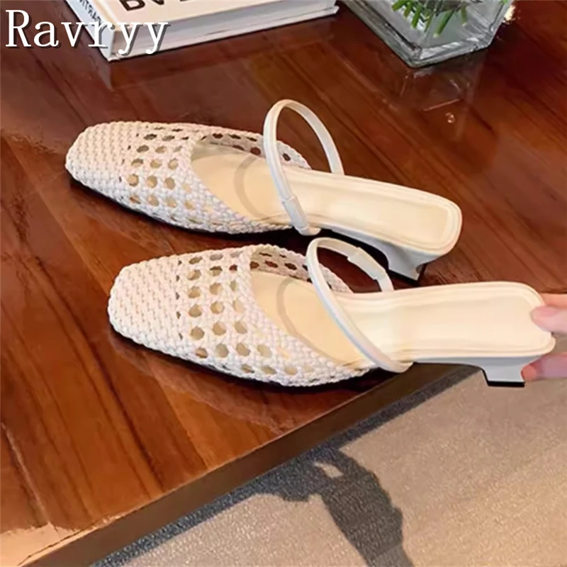 French Square Toe Hollowed Out Woven Muller Half Slippers for Women's Summer Outerwear Elegant Ladies Low Heels Dress Sandal