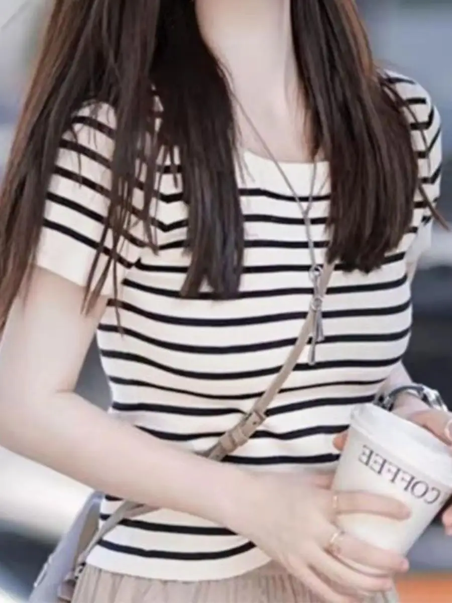 Summer Short Sleeve Slim Fit Women's T-shirt round Neck Striped Base Shirt Thin Versatile Top Large Size Casual Fashion Design