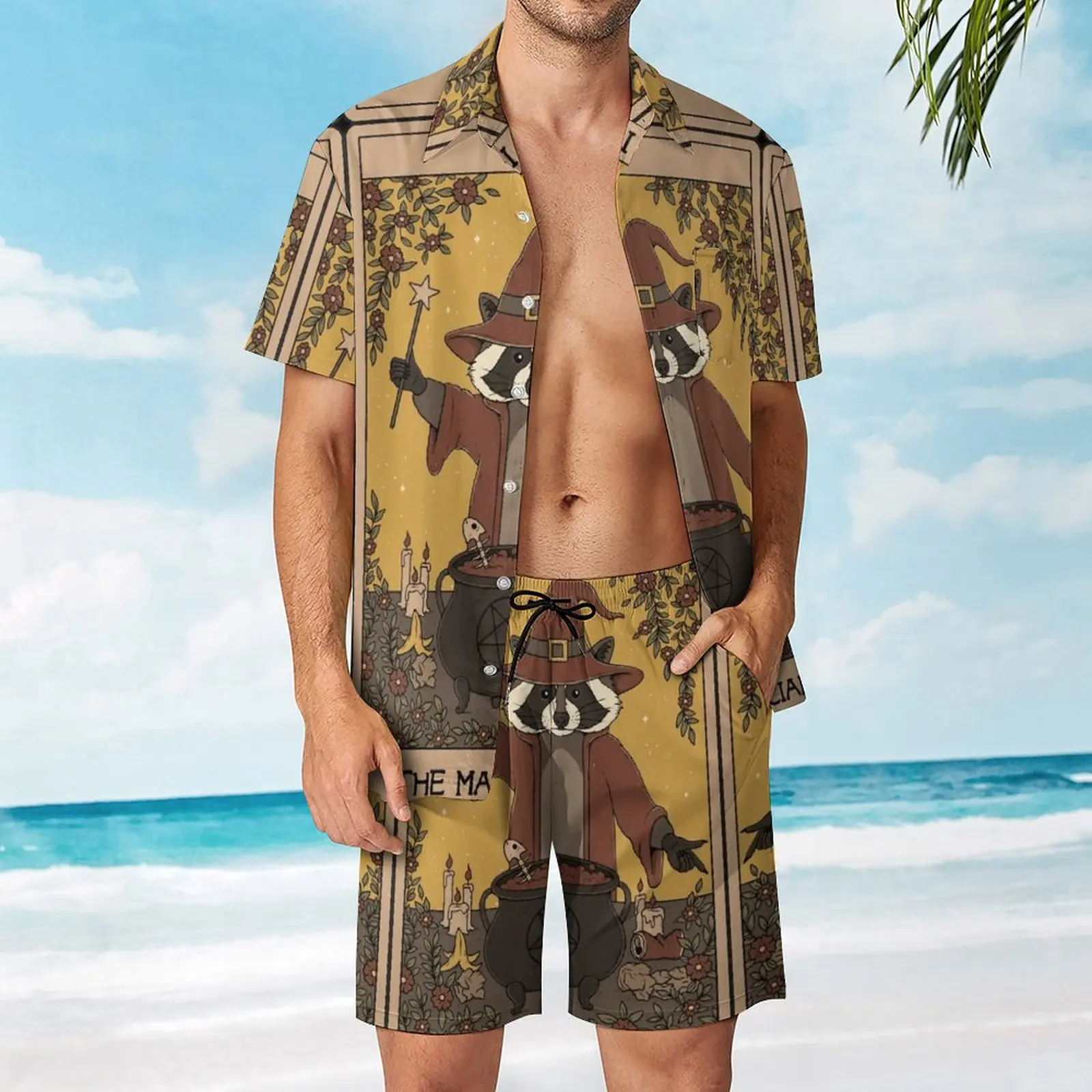 2 Pieces Coordinates The Magician Raccoons Tarot for Sale  top Quality Men's Beach Suit Casual Graphic  Beach USA Size