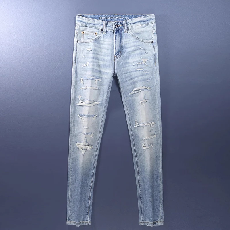 Street Designer Fashion Men Jeans Retro Light Blue Stretch Slim Patched Ripped Jeans Men High Quality Y2K Vintage Denim Pants