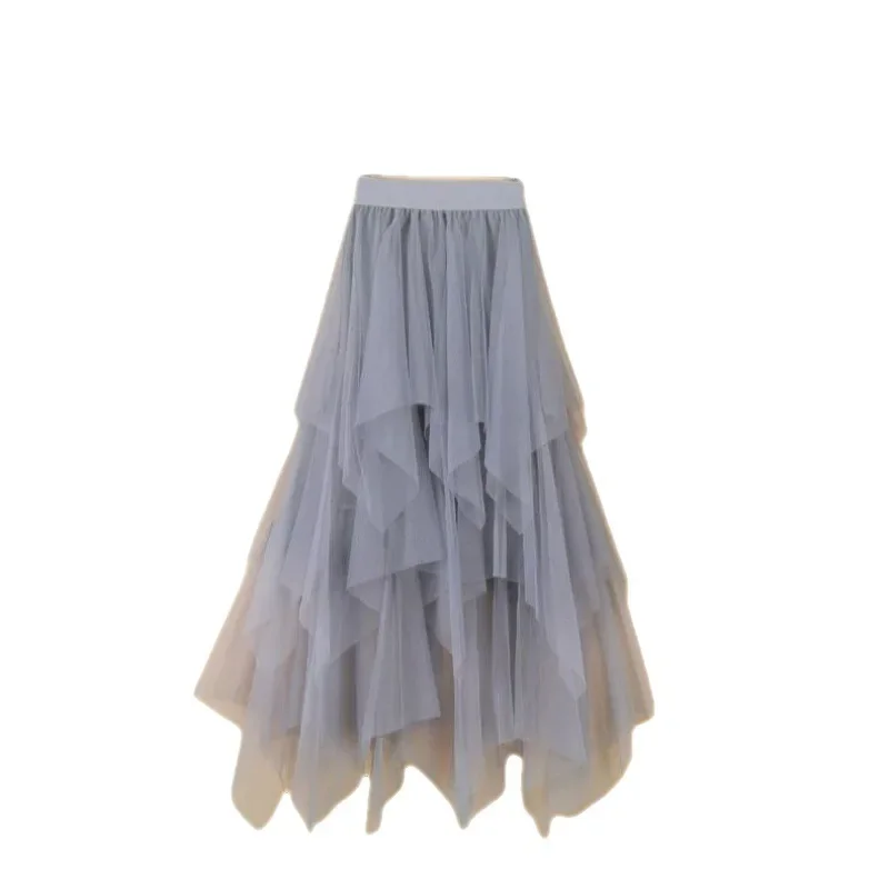 Women Gauze Irregular Skirt Female Students Korean Fairy Pleated Skirt  Long Gauze Skirts Tulle Ladies  A-line Voile Dance Dress