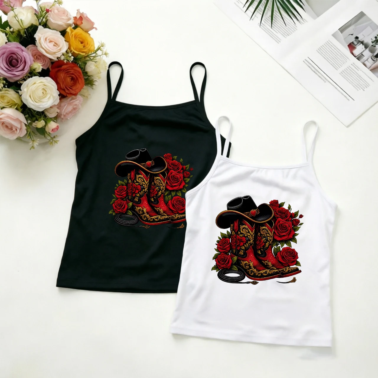 Cowboy Boots Hat Graphic Cami Top Red Rose Floral Western Printed Camisole Slim Fit Sleeveless Tank Top Shirt for Women