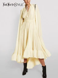 TWOTWINSTYLE Elegant Solid Dresses For Women V Neck Cloak Sleeves High Waist Spliced Lace Up Ruffles Pleated Dress Female Summer