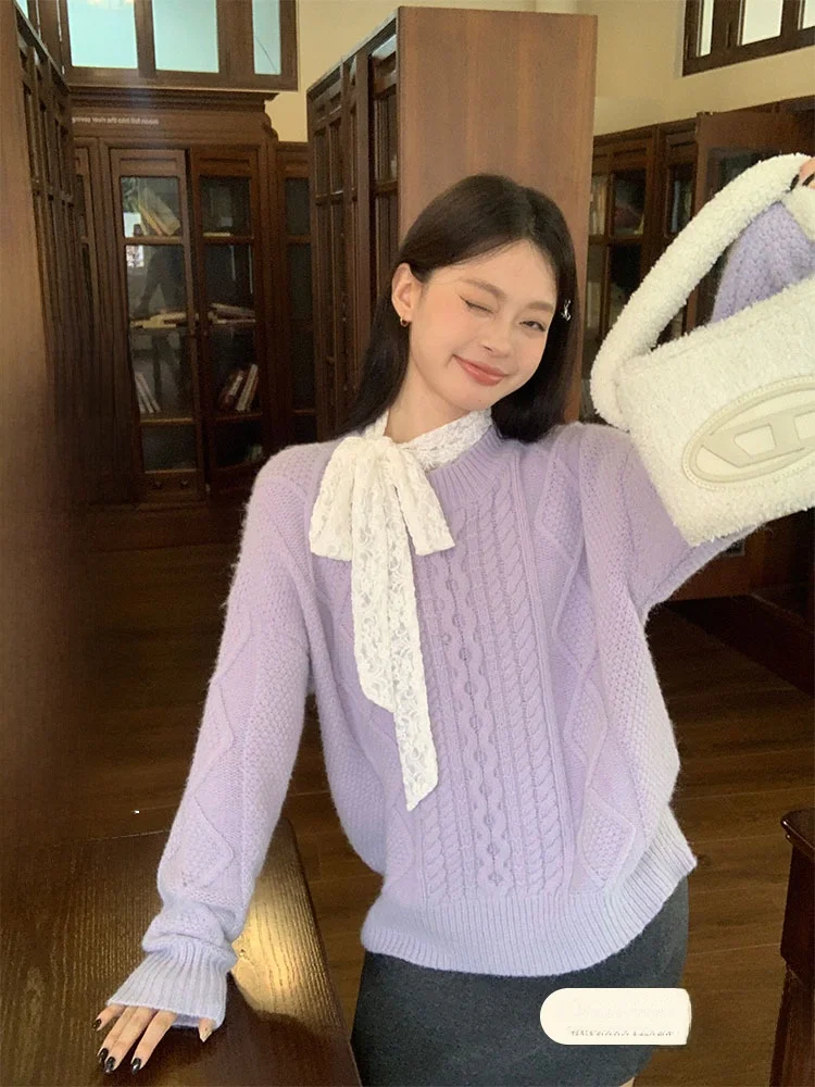 

Zongen Song женский фиолетовый вязаный свитер, зимний свободный круглый пуловер, верхняя одежда, теплая модная повседневная одежда