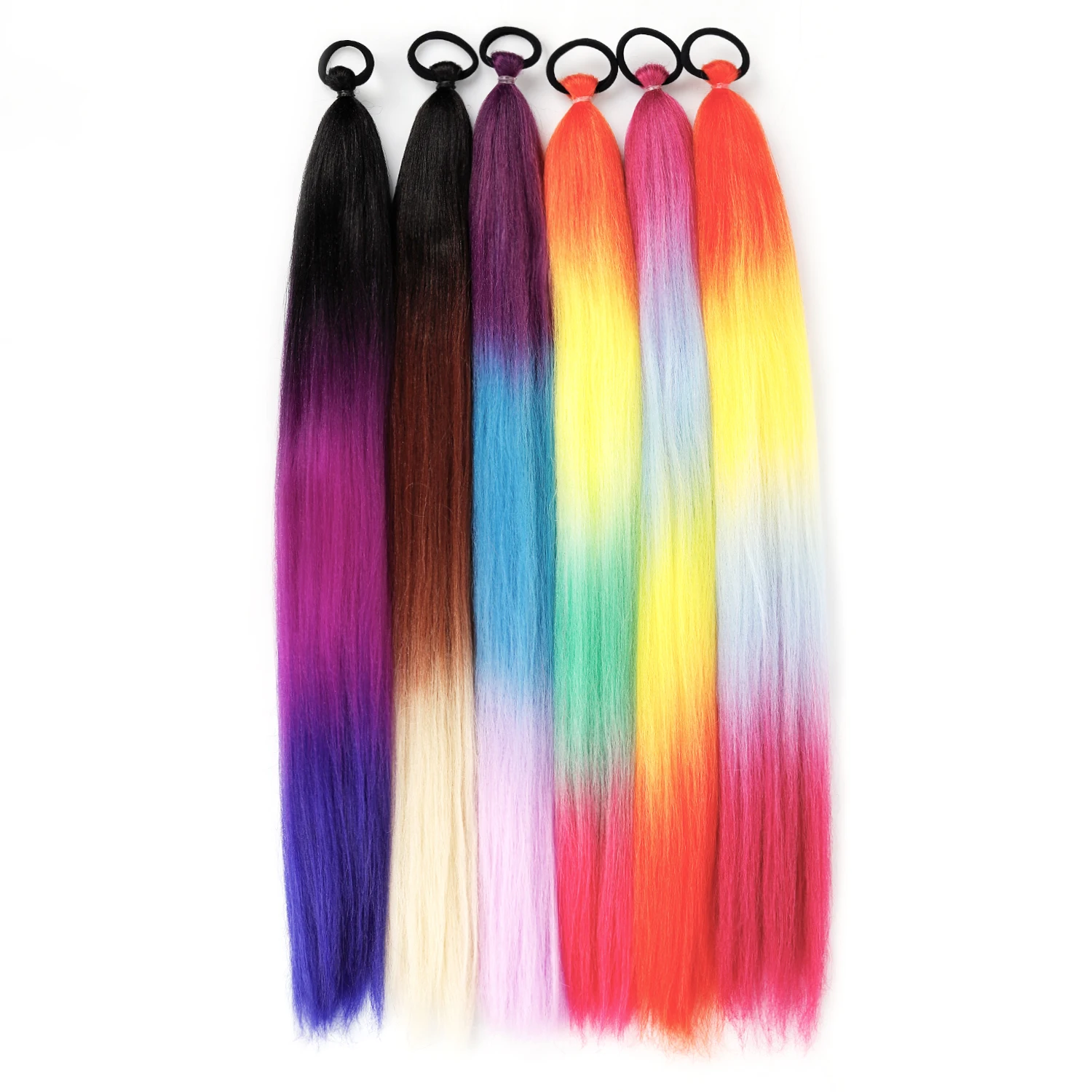 

26 Inch Rainbow Ombre Color Synthetic Ponytail Hair Extensions with Elastic Band for Kids Girls Cosplay Hairpiece Wigs