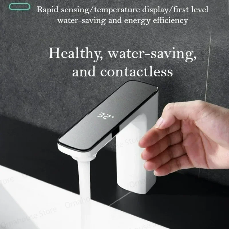 White Smart Sensor Basin Faucet with Digital Display Screen Touchless Hot Cold Water Mixer Tap for Bathroom Vanity