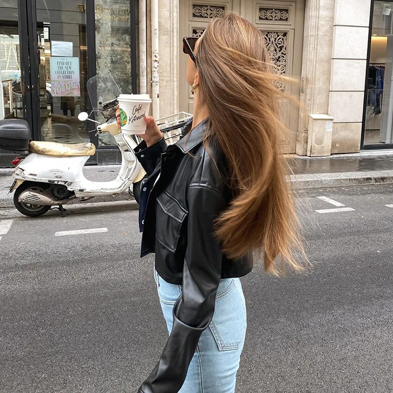 White Leather Crop Jacket Women's Belly Baring Outerwear Black Color Block Long Sleeve Short Length Flip Collar PU Leather Coat
