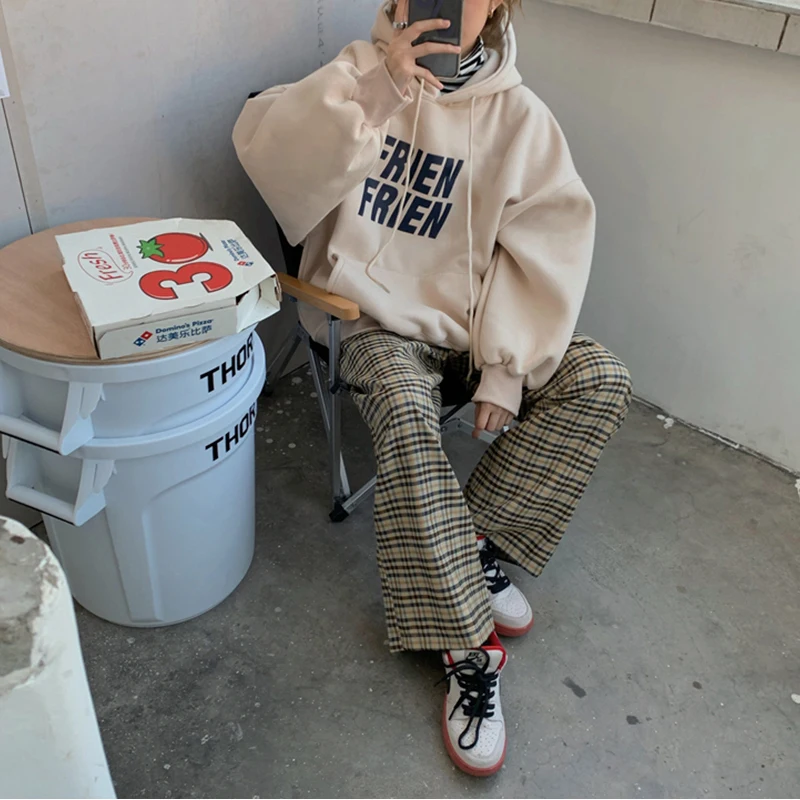 Korean Fashion New Grey Loose Fleece Pullover Vintage Pocket Letter Printing Sweatshirt Lazy Casual Raglan Sleeves Hoodie Autumn