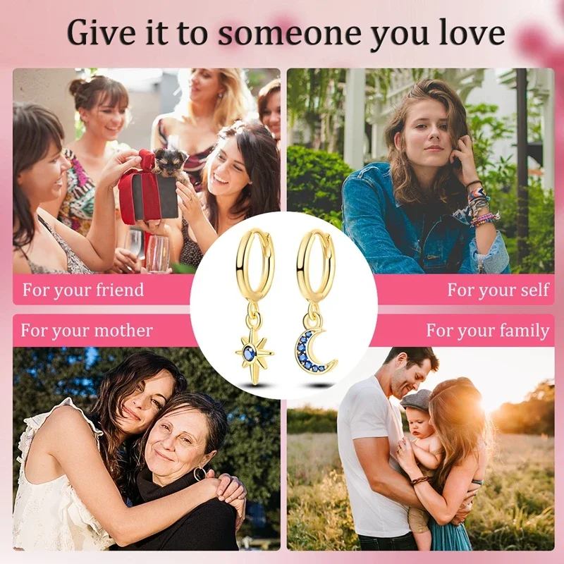 Hoop Earring 925 Silver Star Moon Rose Gold Yellow Earrings Pendientes Golden Color Earring Fine Jewelry Gift for Women