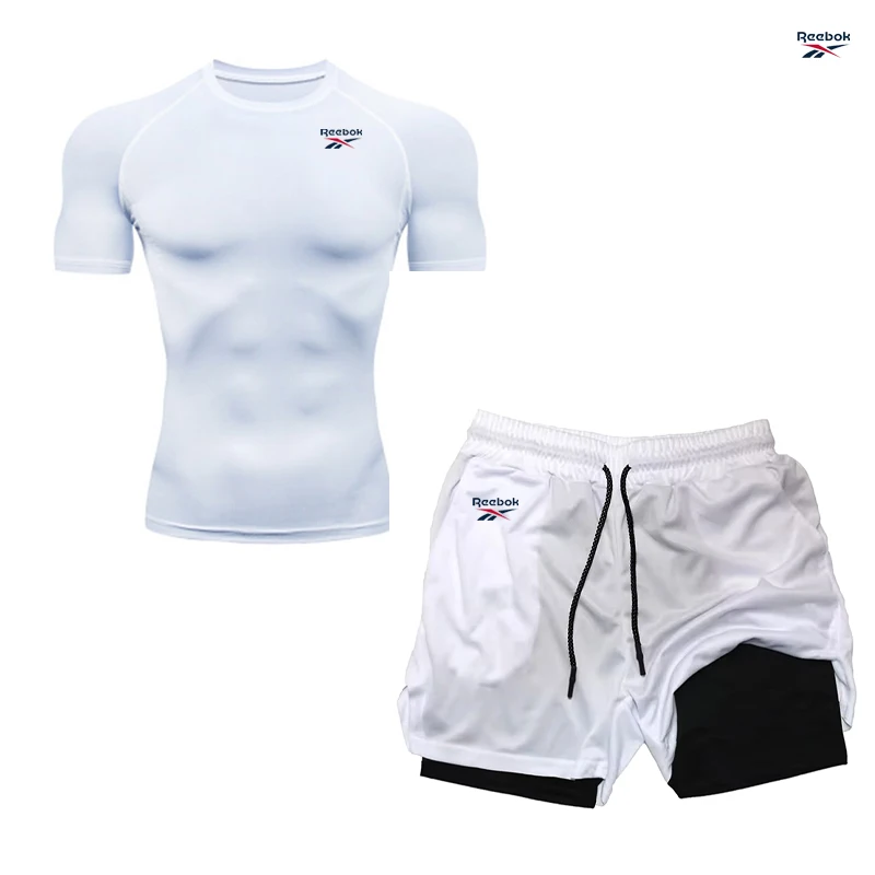 Reebok Men's Compression Sports T-Shirt - Fitness Tight Short Set - Training Jogging Shirt - Quick-Drying Anti-Slip Fabric