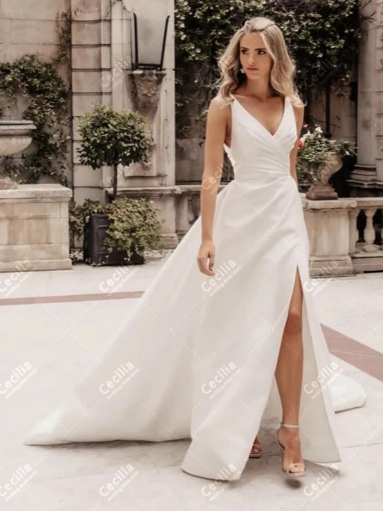 Graceful Wedding Dresses A-Line Satin Bridal Gowns Sexy Sleeveless High Slit Robes For Formal Party Glamorous Vestidos De Novia