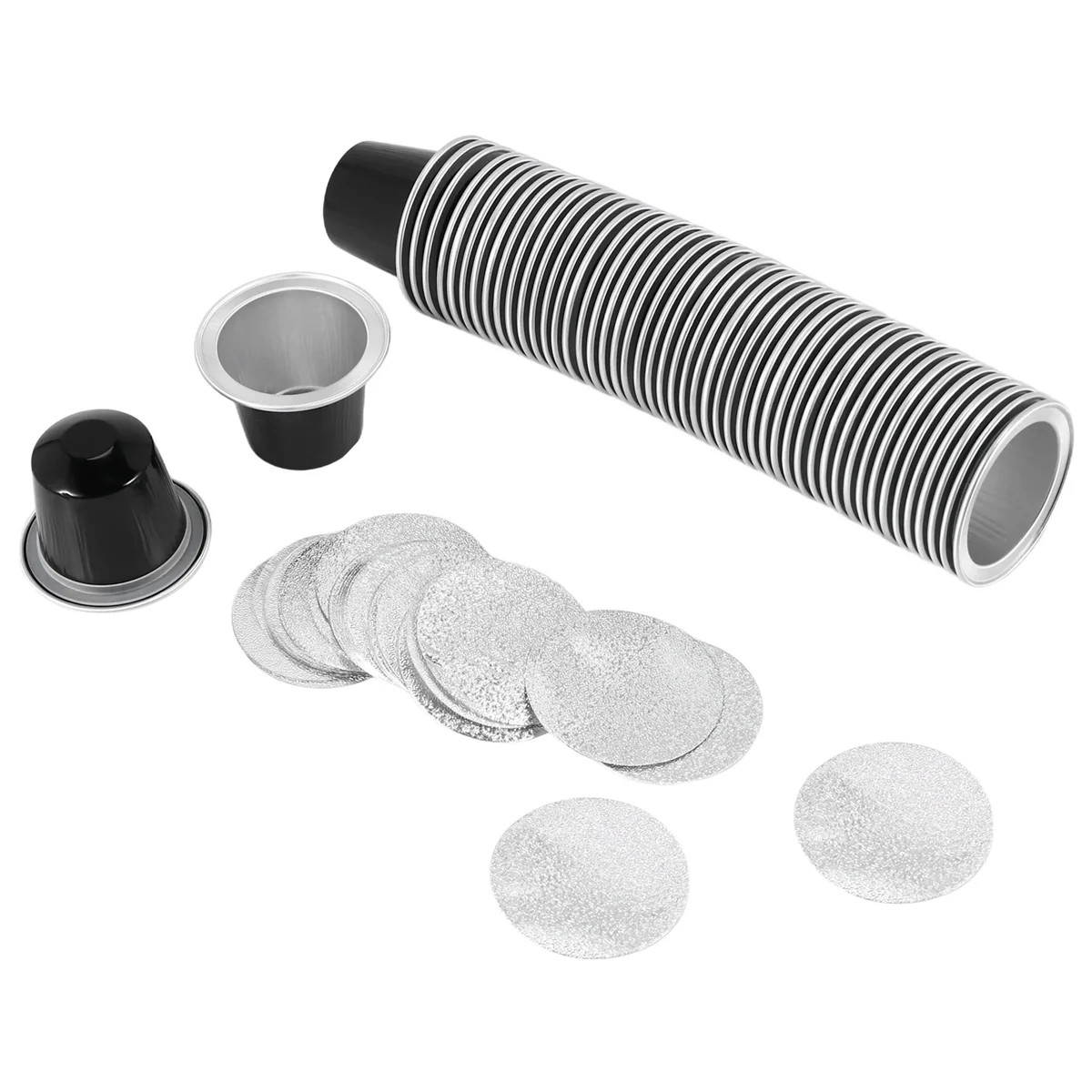 Black Refillable Coffee Capsules Cup, Cápsulas De Café Descartáveis, Café Suprimentos, Embalagem, 50 Conjuntos