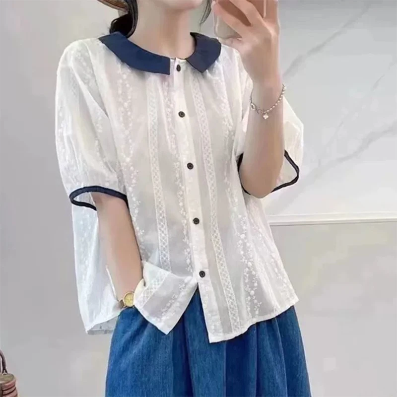 

Summer Casual Korean Fashion Loose Office Lady Simplicity Elegant Trend Buttons Single Breasted Doll Collar Short Sleeve Grace