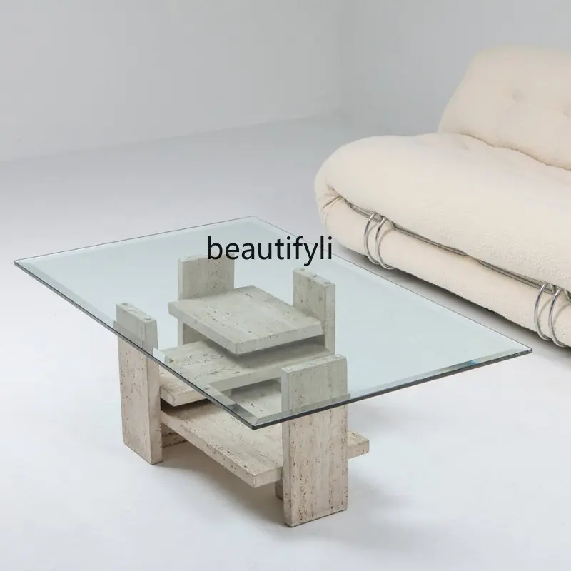 zq Italian Minimalist Silent Wind Tunnel Stone Endtable Living Room Glass Tea Table Light Luxury Conference Table