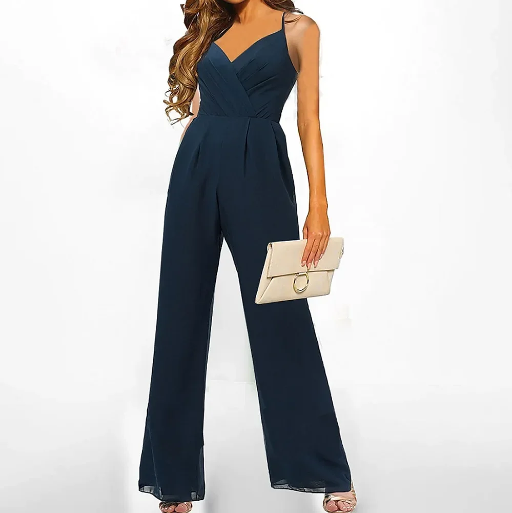 

Summer Fashion Solid Color New Sexy Sleeveless V-neck Suspender High Waisted Jumpsuit for Women