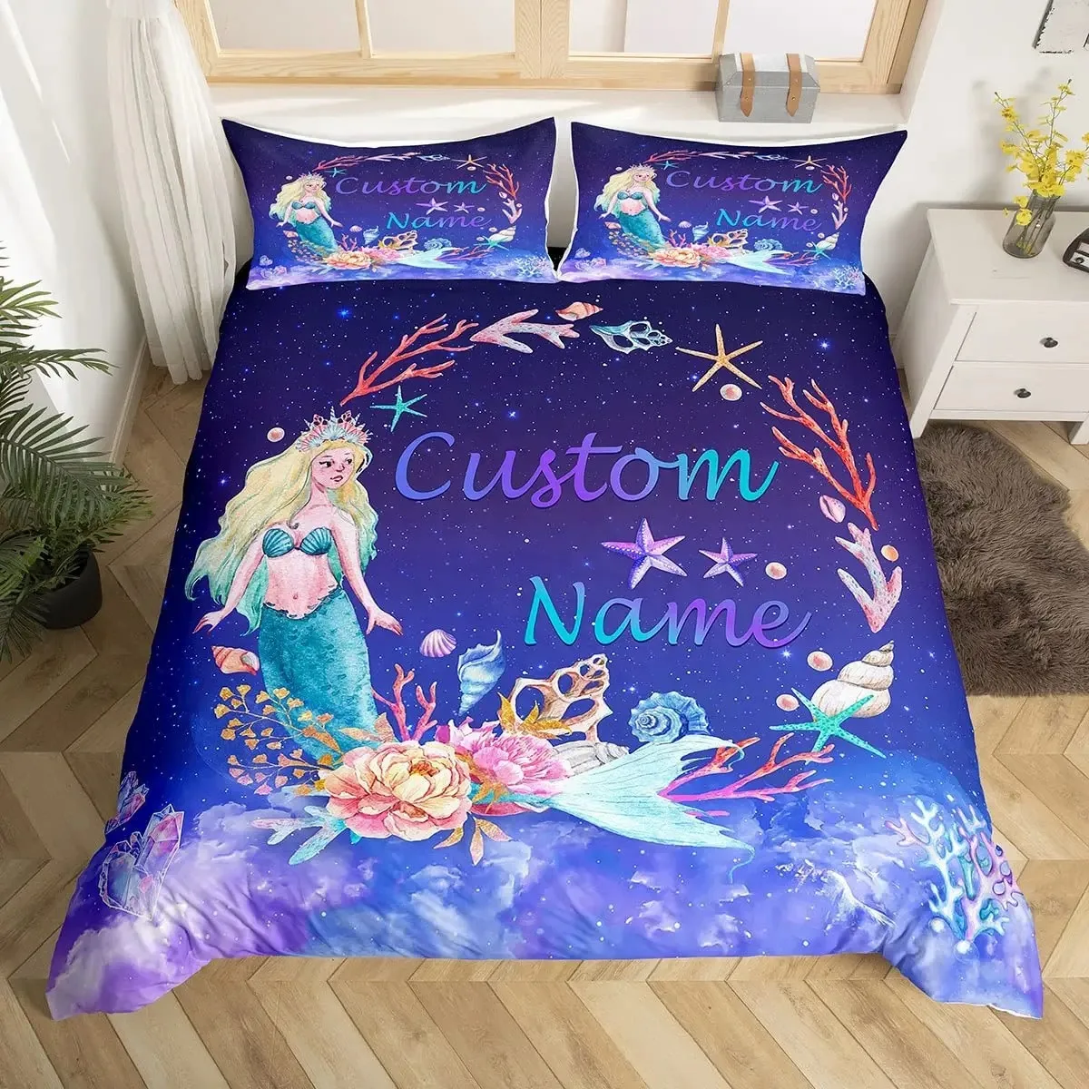 Custom Bedding Set Custom Name Mermaid Duvet Cover Set Personalized Girly Rainbow Gradient Mermaid Comforter Cover,girls Gifts