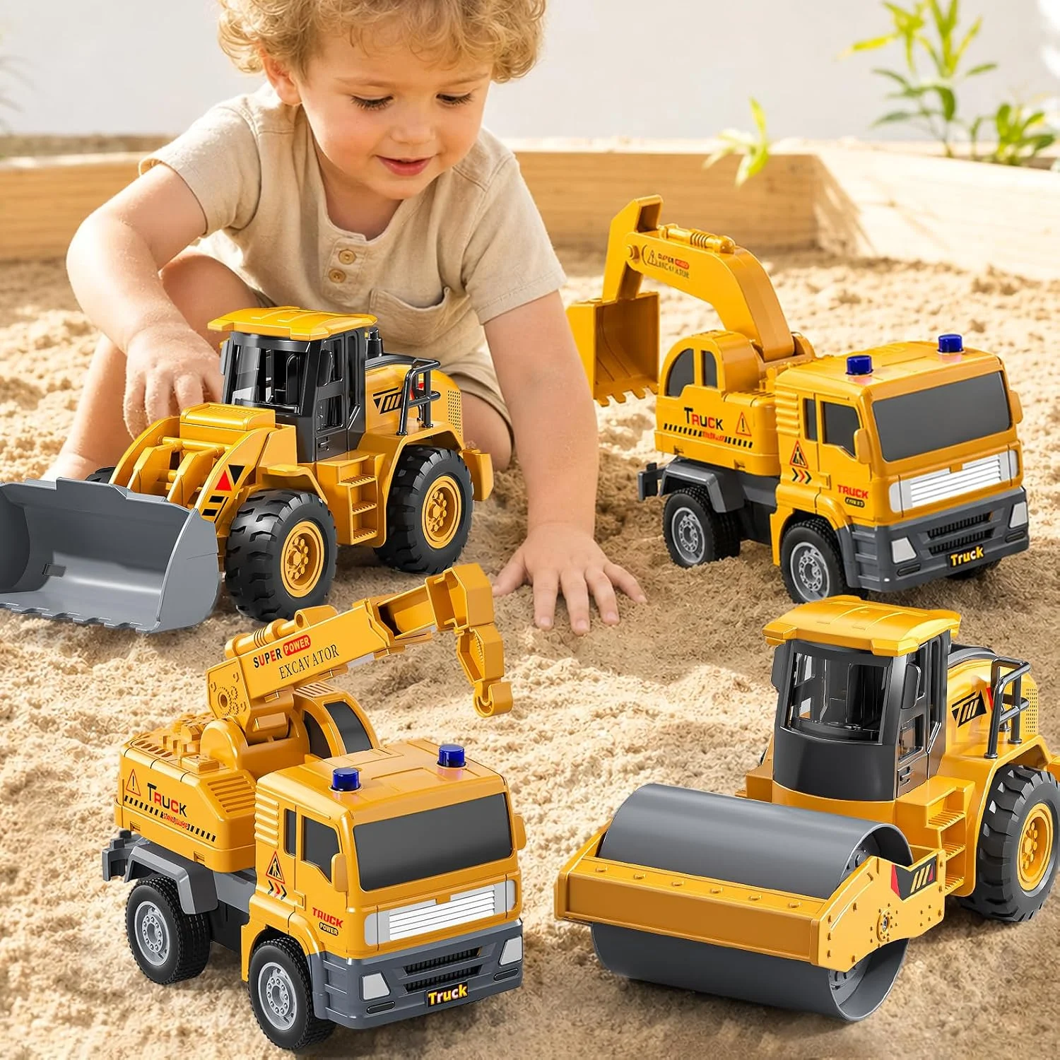 4-Pack Construction Toy Trucks Set - Digger Road Roller Grabber Excavator Power Friction Drive Pull Back Cars for Boys 3-8+ Birt