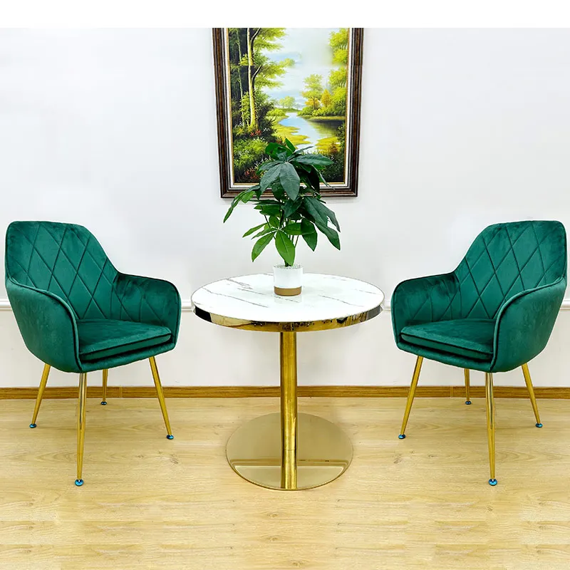 Nordic Modern Luxury Metal Green Soft Living Dinning Room Arm Chair Upholstered Fabric Tufted Velvet Dining Chair for Restaurant
