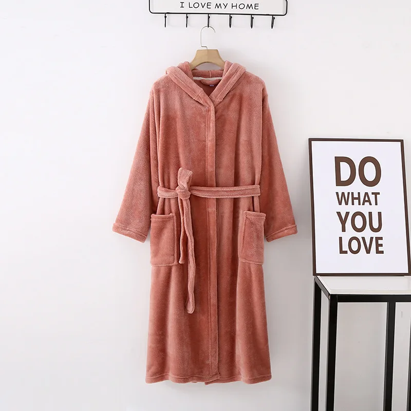 

Autumn Winter Hooded Bathrobe Sleepwear Robe Flannel Thicken Warm Home Wear Dressing Gown Men Women Belt Loungewear Nightwear