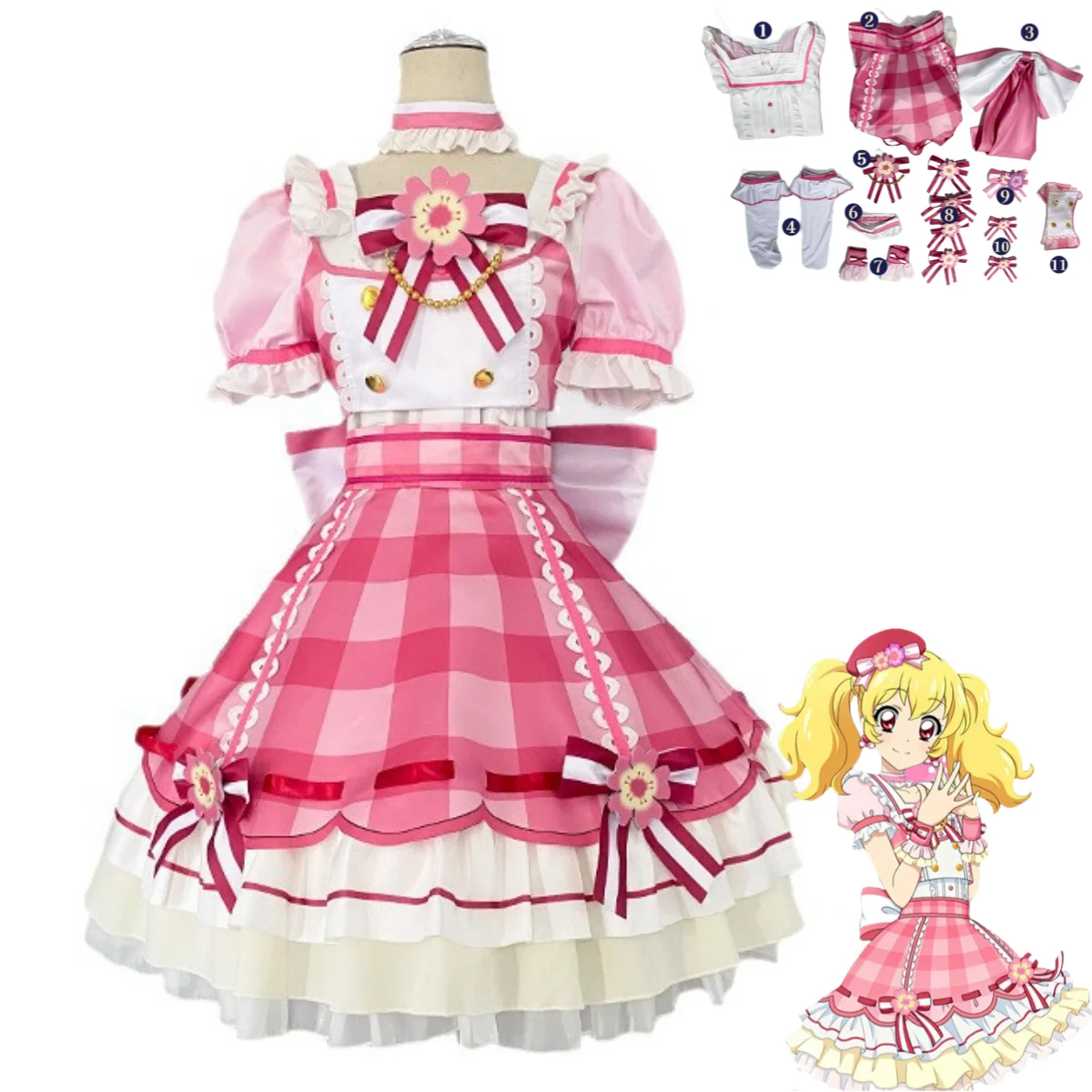 

Anime Aikatsu！Hoshimiya Ichigo Cosplay Costume Pink Grid Princess Dress Lolita Skirt Woman Sexy Cute Birthday Party Suit