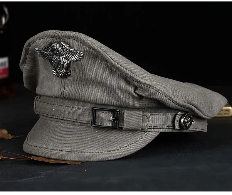 2025, Frühling, Retro-Matrosenkappe, für Herren und Damen, Hut, männlich, Segeltuch, flache Oberseite, grauer Adler, Windschutz, Gürtel, Lokomotive, Casquette – Detail 5
