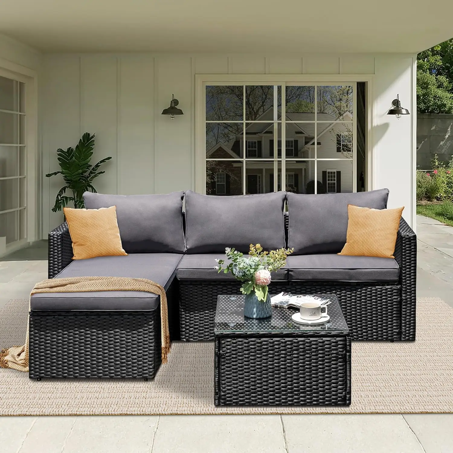 Wicker Rattan Outdoor Furniture Set, Pátio Sofá Seccional, Mesa de Vidro e Almofadas, All-Weather, 3 Piece