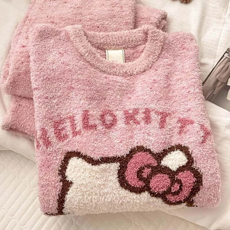 Cute Hello Kittys Coral Fleece Plush Pajamas Set Cartoon Sanrioed Women\'s Autumn Winter Pijama Thicken Flannel Home Clothes Warm