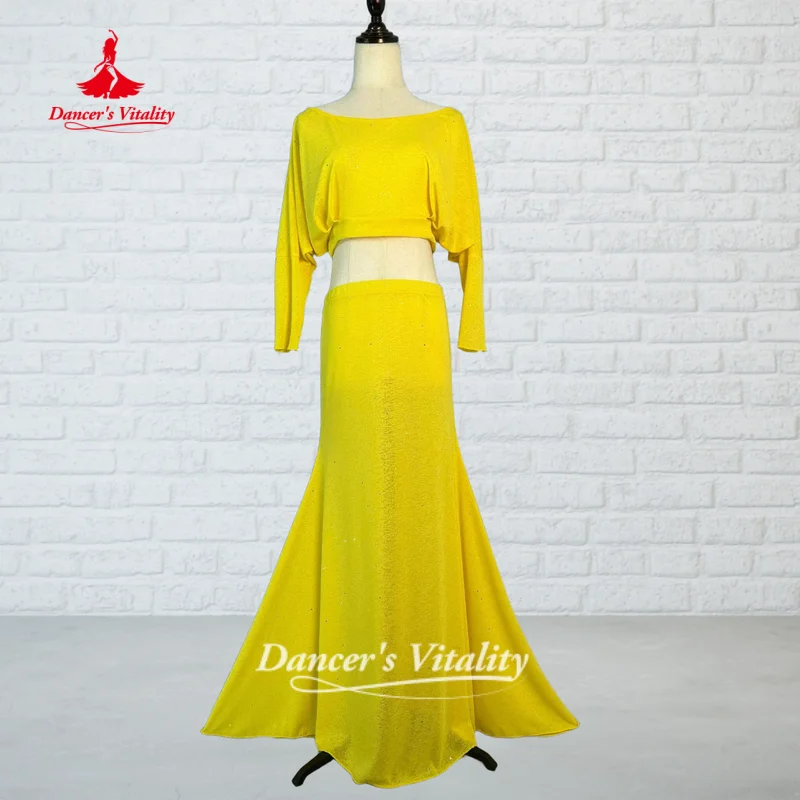 Traje de Danza del Vientre Personalizado, Top de Manga Larga + Falda Larga Sexy con Cola de Pez, 2 Piezas, Conjunto de Práctica de Danza Oriental, Vitalidad de la Bailarina