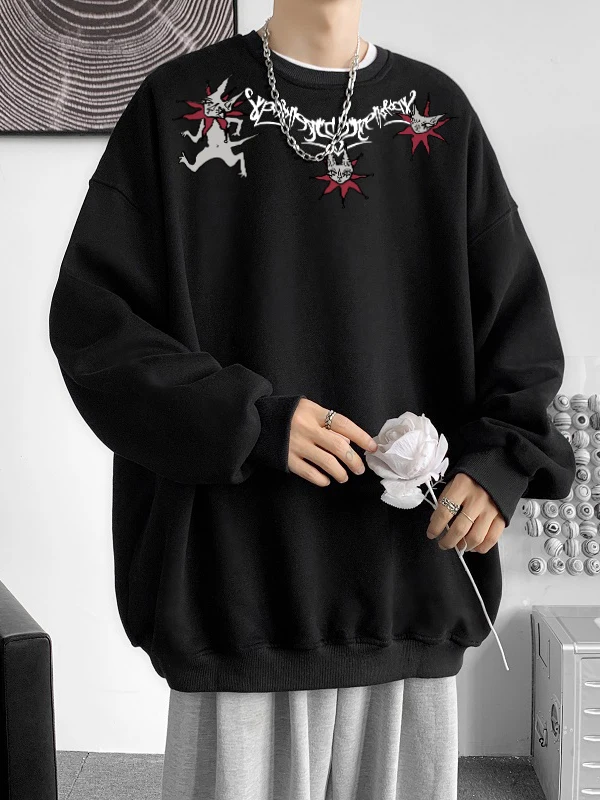 Loose Fit Men's Hoodie round Ne Abstract Print Casual Streetwear Autumn Winter Outerwear Trendy ex Long Sve Sweatirt