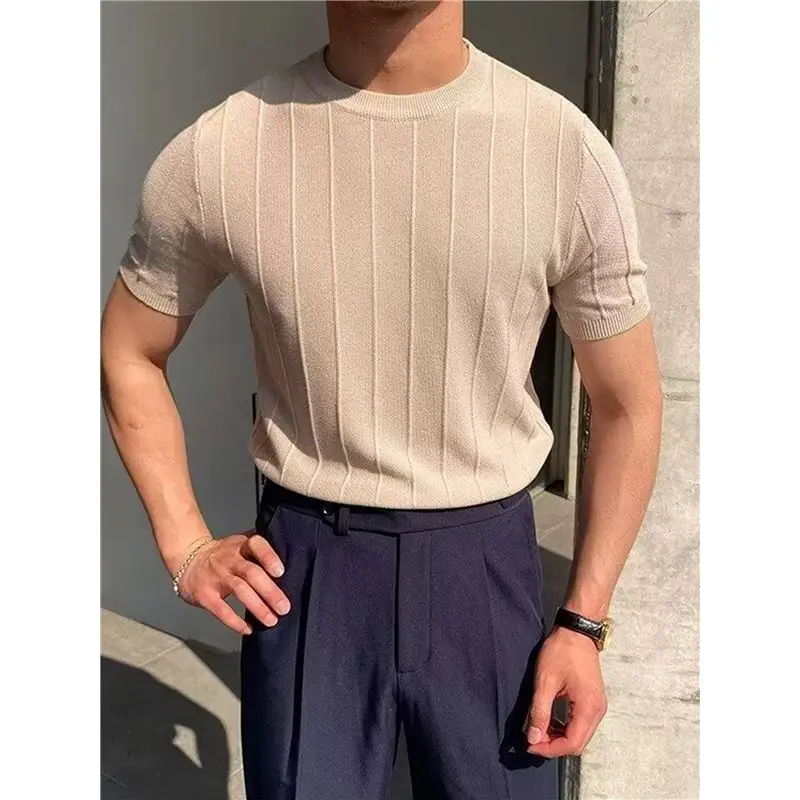 AEF6-Men's Round Neck Short Sleeve Thin Bottoming Shirt Casual Ribbed Knitted Pullover Top Solid Color T-Shirt