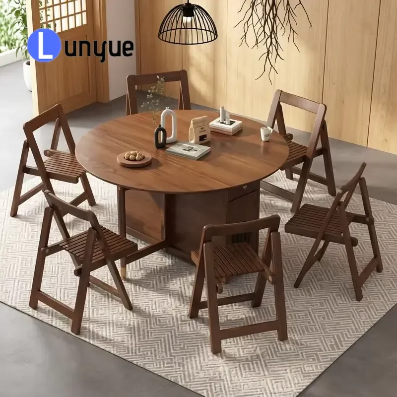 Solid Wood Round Folding Dining Table Set Modern Sturdy Space Saving Design For Hotel Home Kitchen Restaurant Use Durable