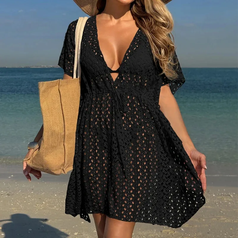 

New Style Hollow Out Knitted Bikini Cover Up Women's Beach Vacation Sun Bathing Sunscreen Dress Fashion Casual Strap Dress