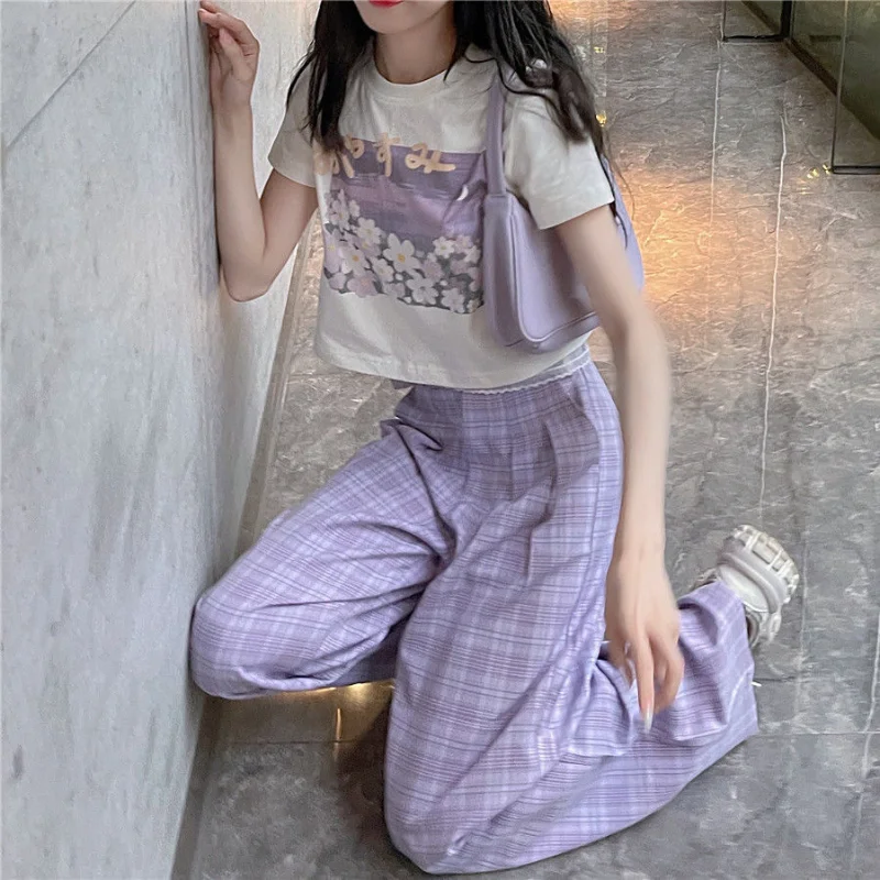 Purple Wide Leg Plaid Pants Women Vintage High Waist Harajuku Y2k Streetwear Korean Fashion Casual Loose Trousers