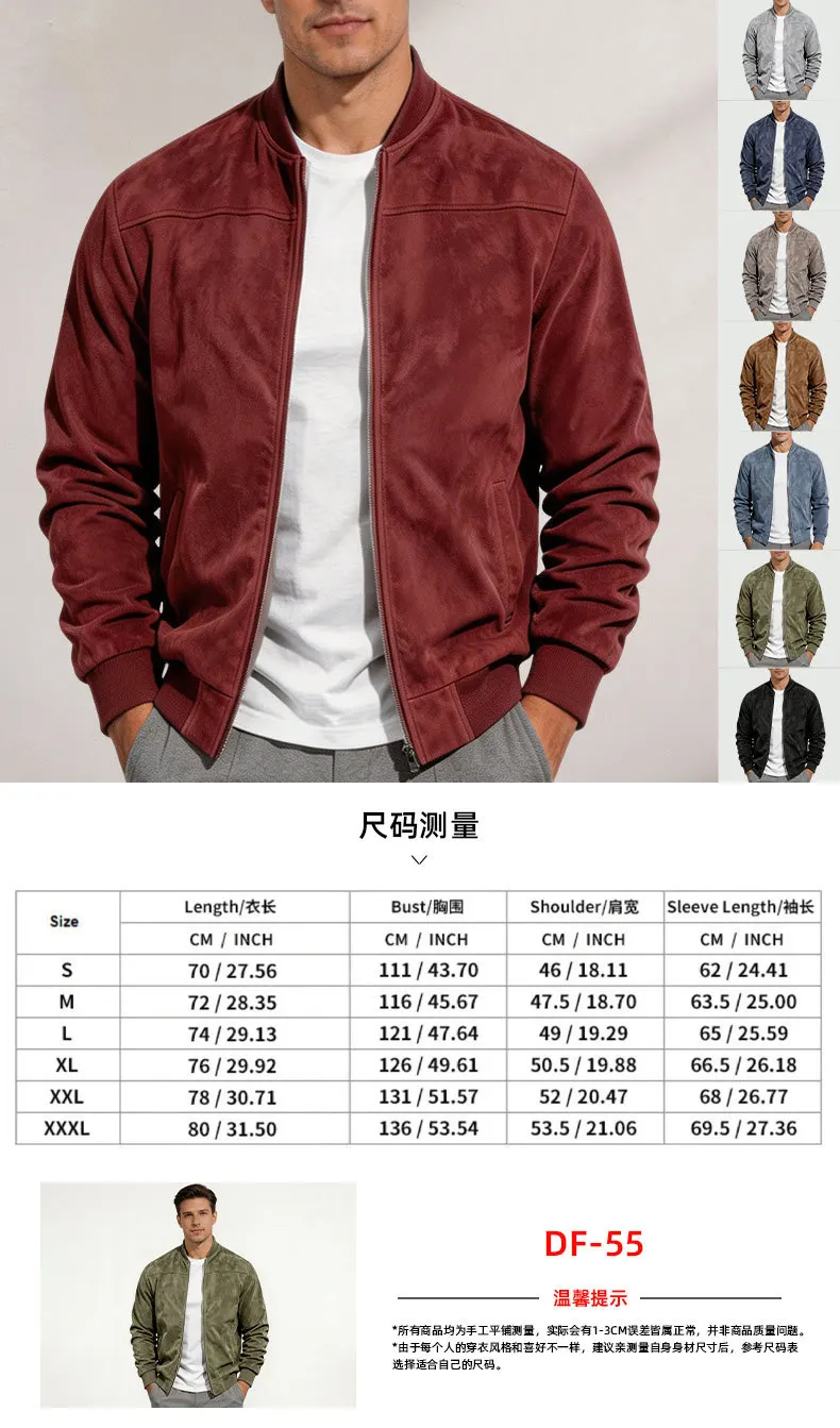 Herren-Bomberjacke aus Kunstwildleder mit Reißverschluss, Stehkragen, langen Ärmeln, lässige Oberbekleidung für Herbst und Winter. – Detail 1