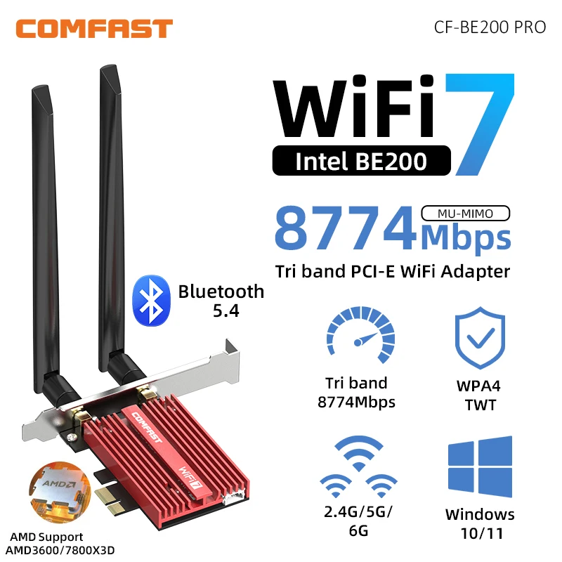 WiFi 7 Pci Express Wifi Adapter Buletooth5.4 WPA4 Wireless Card 802.11be 8774M Wi Fi Pcie Gigabit Network Card for Desktop Linux